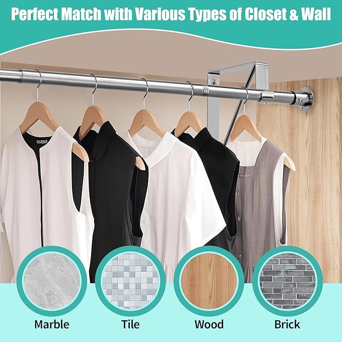 Closet Rod, 16 to 75 Inch Closet Rods Heavy Duty Adjustable Clothes Rods for Hanging Clothes and Heavy Duty Clothes Rod Bracket Closet Rod Support (The Shelf NOT Included) (Silver)