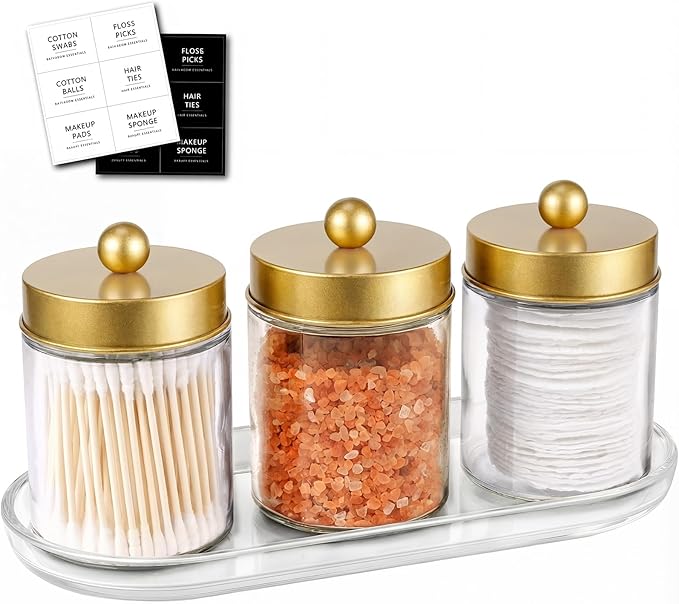 SheeChung 3-Pack Glass Apothecary Jars with Acrylic Vanity Tray - Bathroom Organizer Set for Qtip, Cotton Ball, Floss Picks - Luxury Style Bathroom Accessories Storage Canister（Gold)