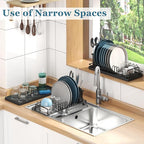 Compact Small Dish Rack Sink Drying Rack with Silicone Mat, Stainless Steel Dish Drainer for Kitchen Cabinet, Kitchen Sink Rack,Dish Holder, Black
