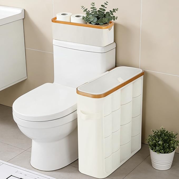Livole 2-in-1 Toilet Paper Storage with Lid Toilet Paper Basket- 20 Regular Rolls or 15 Mega Rolls Extra Large Toilet Paper Organizer for Bathroom, Beige