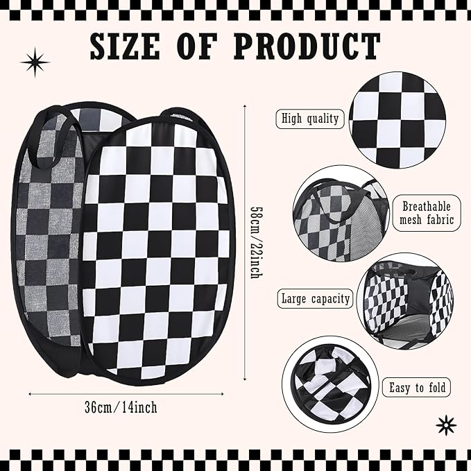 Remerry Collapsible Laundry Basket Hamper 22 x 14 Inches Foldable Pop up Clothes Storage with Handles Black White Checkered for Home and Travel