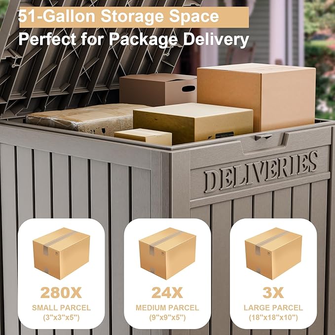57 Gallon Resin Package Delivery Box - Rust & Moisture Resistant, Lockable, Waterproof Deck Box for Porches, Patios, Indoor & Outdoor Use（Grey，57GALLON）