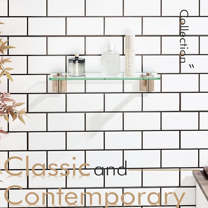 KOKOSIRI Wall Shelves Bathroom Hardware Glass Floating Shelf 16-Inch for Bedroom, Living Room, Kitchen, Hanging Rack Champagne Bronze B1105CPG-L16