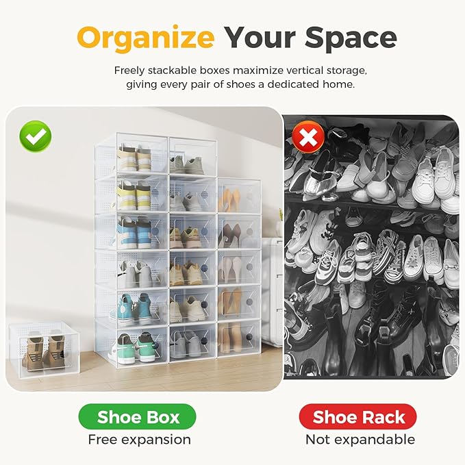 NEWBULIG 15 Pack Clear Shoe Storage Boxes, Shoe Organizer for Closet with Lid, Plastic Stackable Breathable Shoe Cabinet with Lid for Sneakers, Heels & Boots, White
