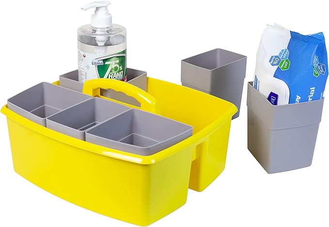 Storex Large Classroom Caddy with Cups, 13 x 11 x 6.575 Inches, Yellow, Case of 2 (00982U02C)