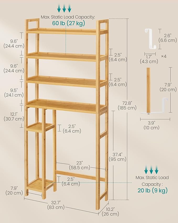 SONGMICS Over The Toilet Storage, 4-Tier Over Toilet Bathroom Organizer with Adjustable Shelves, 10.2 x 32.7 x 72.8 Inches, Space-Saving, Natural Beige UBTS017N01