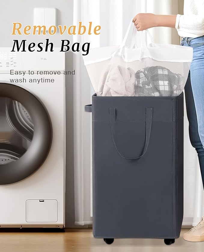 UULANFA Laundry Basket Wheels 75L with Removable Mesh Bag Waterproof Oxford Cloth Suitable for Bedroom Dormitory Clothing Storage Basket (Black*Gray)