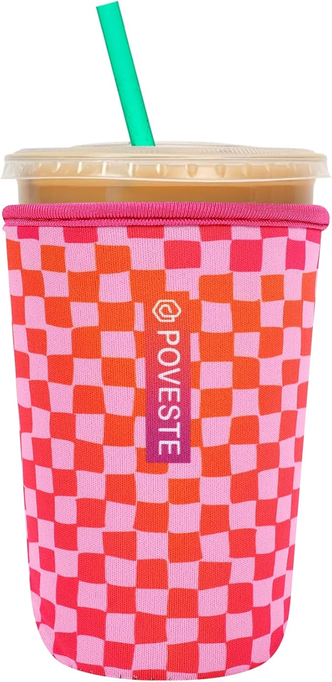 Reusable Neoprene Insulator Sleeve for Iced Coffee & Cold Soda, Coffee Sleeves for Iced & Hot Drinks, Cold Beverage Cooler Compatible with Starbucks, Dunkin (Gradient Cherckerboard, Medium: 22-24oz)