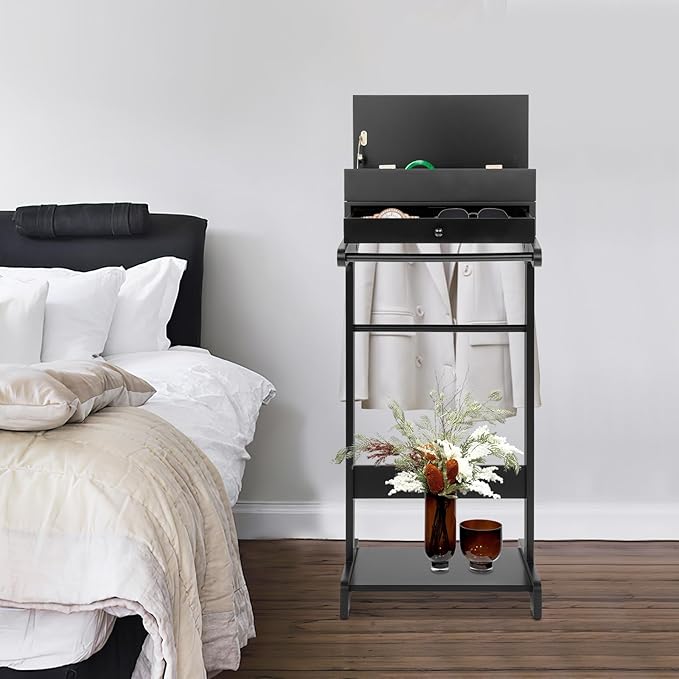 Bathrena Suit Valet Stand for Bedroom, Hotel Valet Clothes Rack Organizer with Hanger & Shoe Rack, Wooden Garment Valet Stand for Suits, Pants, Ties, Belts, Black.