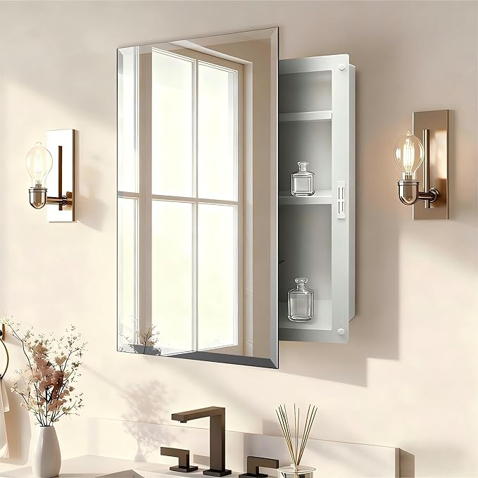 Plastic Bathroom Medicine Cabinet Mirror 16x28 inch, Recessed Medicine Cabinet or Surface Wall Mount Bathroom Cabinets with Adjustable Shelves, Beveled Edge Mirror Cabinet