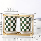 Ceramic Checkered Utensil Crocks with Gold Metal Rack, Black & White Grid Kitchen Utensil Storage, Farmhouse Kitchen Decor, Flatware Organizer & Home Accessory (Green)