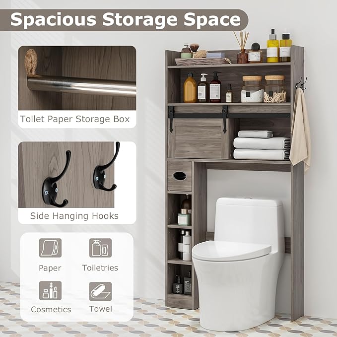 Giantex Over The Toilet Storage Cabinet, Farmhouse Space Saver with Sliding Door, Toilet Paper Holder, Side Hooks & Adjustable Shelves, Over Toilet Bathroom Organizer for Laundry, Restroom (Grey)
