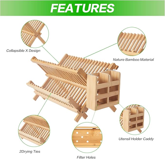 Bamboo Dish Drying Rack-2 Tier, Collapsible Small Dish Rack with Utensil Holder, Wooden Drying Rack for Kitchen Counter, Apartment Essentials Kitchen Plate Holder Organization 34 pcs Grid