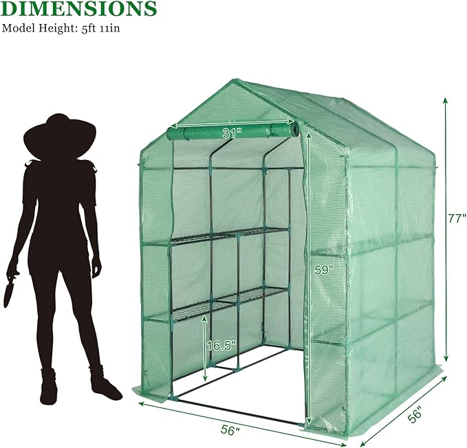 57 x 57 x 74'' Greenhouses for Outdoors, Durable Green House Kit with Window, Thicken PE Cover, 3 Tiers 8 Shelves, Heavy Duty Walk in Green Houses for Indoor Backyard Outside