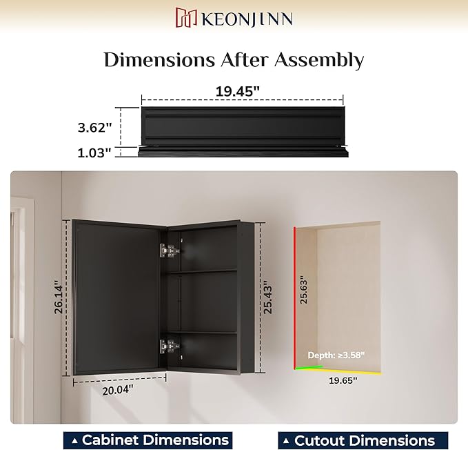 Keonjinn Black Medicine Cabinet Mirror 20" x 26", Assembly Needed, Bathroom Medicine Cabinet with Mirror, Beveled Framed, Surface Wall-Mounted or Recessed, Shelves Adjustable