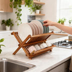 Utoplike Teak Dish Drainer Rack Collapsible 2 Tier Dish Rack Dish Drying Rack Foldable Plate Organizer Holder for Kitchen Compact Countertop