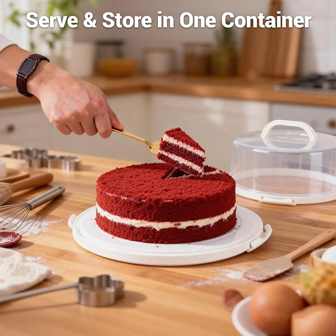 12 Inch Cake Carrier with Lid and Handle – Cake Container for Baking Events & Outdoor Trips | Adjustable Height,Portable Food Cake Carrier Storage Solution for Picnics & Camping (WHITE-SET)