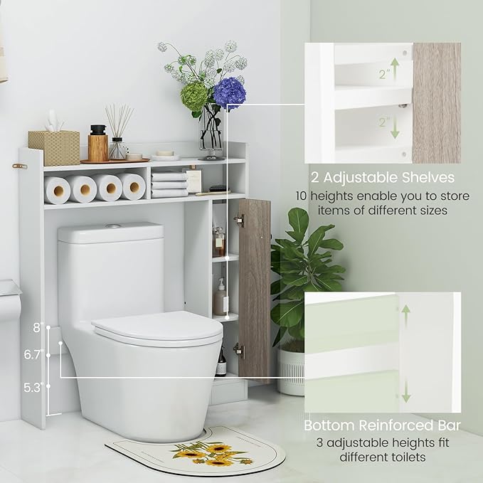 Giantex Short Over The Toilet Storage Cabinet, Bathroom Organizer w/Single Door Cabinet & Adjustable Shelves, Freestanding Space Saver Above Toilet Storage for Restroom, Laundry Room (White)