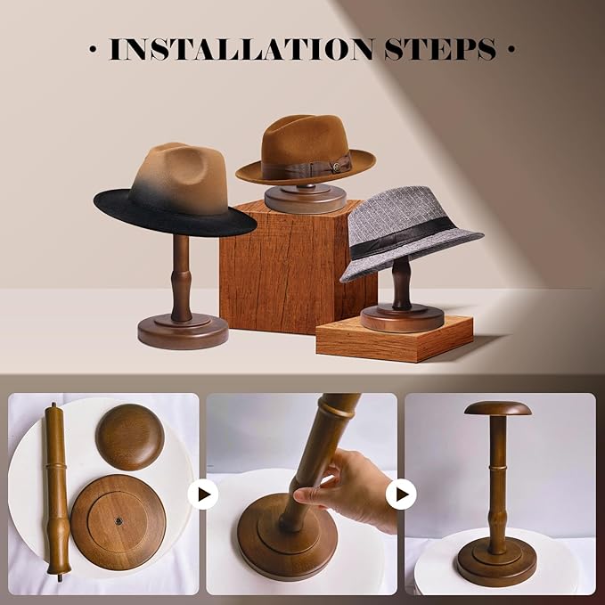 CHADWICK Vintage Hat Rack Stand, Rustic Brown Hat Display Stand Wood, Hat Rack Tabletop Cap Organizer and Display Rack, Wig Holder Display Cowboy Hat Rack Hat Organizer for Closet, Home Decor