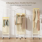 Chrislley Clothes Rack with Wheels, 71" Portable Clothing Rack with 2 Shelves and 4 Hooks, Small Rolling Garment Rack, 4 Hanging Rods Metal Coat Rack for Bedroom, Apartment, Entryway, White