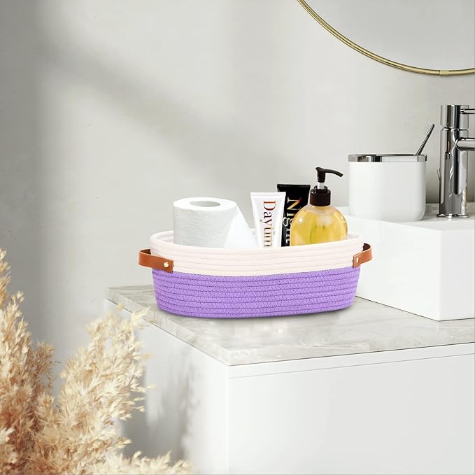 Bathroom Countertop Organizer Basket, Cotton Rope Woven Storage Basket Toilet Paper Decorative Basket for Bathroom, Bedroom, Living Room, Entryway 13"x6.3"x4.3" (Off White/Purple)