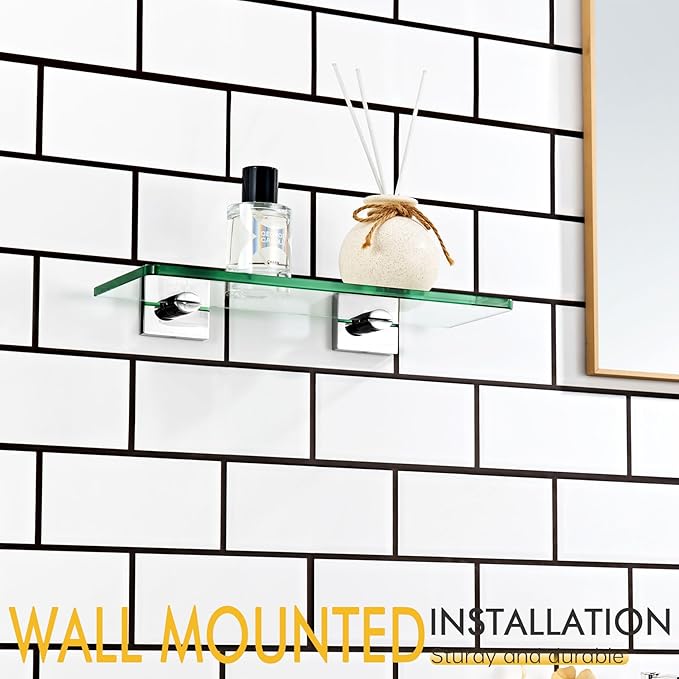 KOKOSIRI Bathroom Shelves Wall Mount 12-Inch Floating Tempered Glass Shelf Hanging Rack for Storage Home Decor, Polished Stainless Steel B1107CH-L12