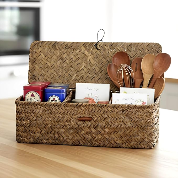2 PCS Seagrass Storage Basket with Lid, Boho Small Woven Shelf Basket Rectangular Toilet Roll Bin 3-Section Divided Organizer for Snack Tampon Bathroom Closets Pantry Coffee Table Counter