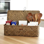 2 PCS Seagrass Storage Basket with Lid, Boho Small Woven Shelf Basket Rectangular Toilet Roll Bin 3-Section Divided Organizer for Snack Tampon Bathroom Closets Pantry Coffee Table Counter