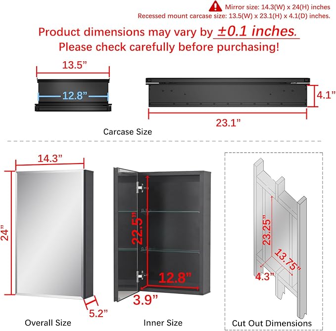 Fundin Medicine Cabinet 14 x 24 inches Mirror Size, Recessed or Surface Mount, Black Aluminum Bathroom Wall Cabinet with Mirror and Adjustable Shelves.