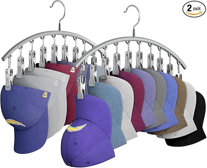 Hat Hangers for Closet, Metal Hat Organizer for Baseball Caps 2 Pack Door Hat Racks for Baseball Caps w/ 10 Large Clips, Baseball Cap Hangers for Closet Storage, Fits All Caps