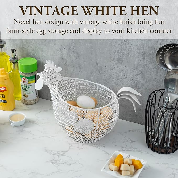MyGift Modern Matte White Metal Wire Egg Storage Basket in Decorative Chicken Shaped Design, Farmhouse Container for Gathering Fresh Eggs and Easter Decor