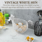 MyGift Modern Matte White Metal Wire Egg Storage Basket in Decorative Chicken Shaped Design, Farmhouse Container for Gathering Fresh Eggs and Easter Decor