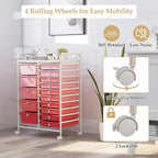 LUARANE Rolling Cart with 15 Drawers, Craft Storage Cart with Portable Handles & Lockable Wheels, Mobile Toys Organizer, Large Capacity Utility Drawer Cart Home Office School Teacher (Gradient Pink)