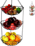 Dicunoy 3-Tier Hanging Fruit Basket, Heavy Duty Wire Baskets for Kitchen, Rustic Hanging Veggie Rack, Metal Fruit Holder with Hook Storage for Potatoes, Onions, Oranges, Bananas, Limes, Lemons