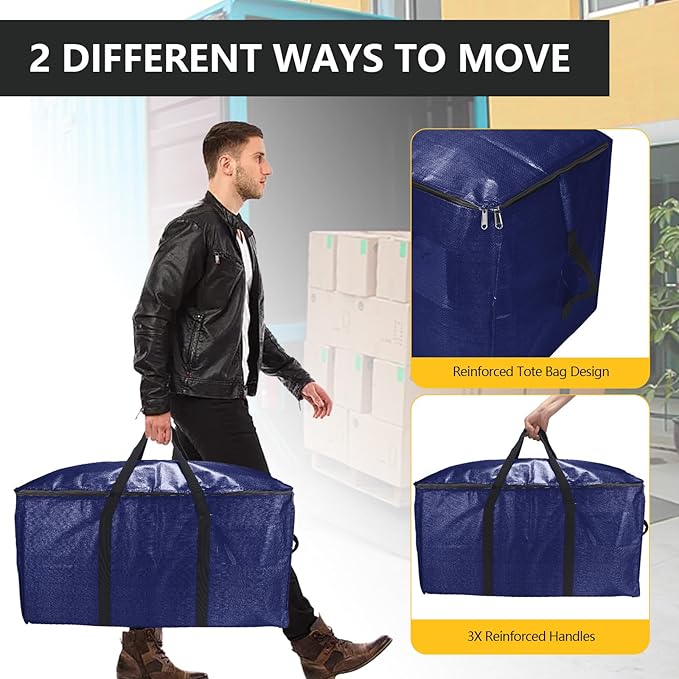 Heavy-Duty Extra Large Moving Bags with Zippers,Extra Large Storage Bag Set Heavy Duty Moving Totes Dual-Way Carrying Design,College Dorm,Christmas Storage Bag(Blue,6 Moving bag & 10 Vacuum Seal Bags)