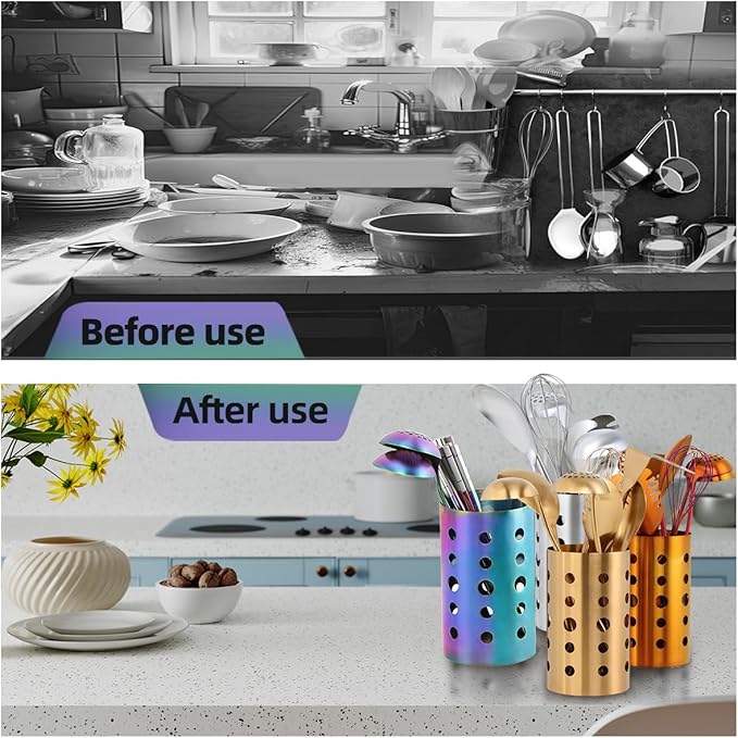 QRU Kitchen Utensil Holder for Countertop (H6.7” x W4.1”), Stainless Steel Cooking Utensil Caddy for Tools, Spatulas, Spoons, Silverware & More, Cooking Utensil Organizer, Kitchen Decor (Rainbow)