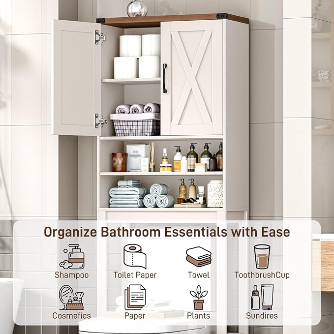 Vabches Over The Toilet Storage Cabinet, Bathroom Organizer with 2 Barn Doors, Farmhouse Space-Saving Toilet Rack with Adjustable Shelf,for Bathroom, Toilet, Laundry Room