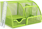 VANRA Office Supply Caddy Mesh Desk Organizer School Supply Holder 6 Compartments with Drawer (Green)