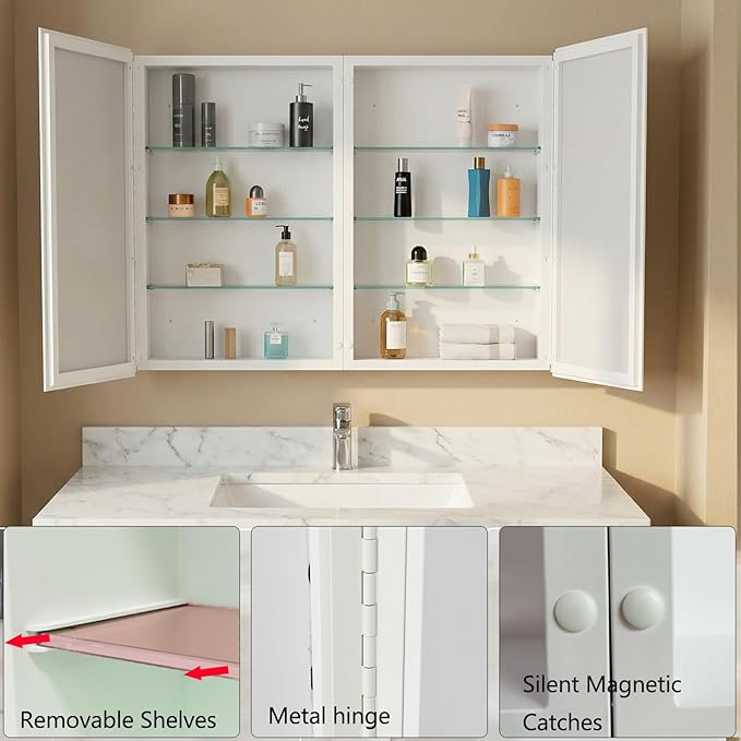 26 x 32 inch, Bathroom Medicine Cabinet, Double Mirror Doors, Bathroom Recessed Cabinet, Platstic Framed with Double Doors Wall Cabinet, Removable Glass Shelves, Recessed or Surface Mount