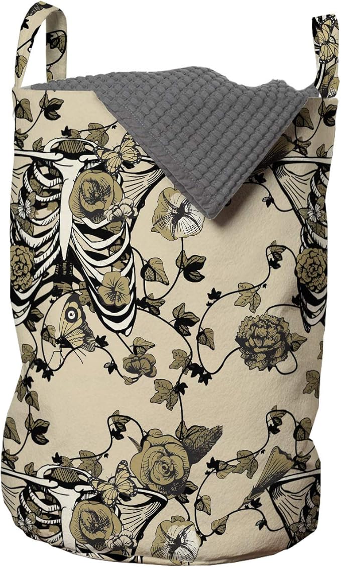 Ambesonne Gothic Laundry Bag, Chest Bones Ribcage Flowers Butterflies Autumn, Hamper Basket with Handles Drawstring Closure for Laundromats, 13" x 19", Mustard Tan