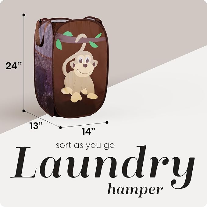 Handy Laundry Collapsible Mesh Pop Up Laundry Hamper with Side Pocket – Breathable, Space-Saving, Foldable Basket for Clothes, Toys, Travel & Storage, 14 x 13 x 24 in, Monkey