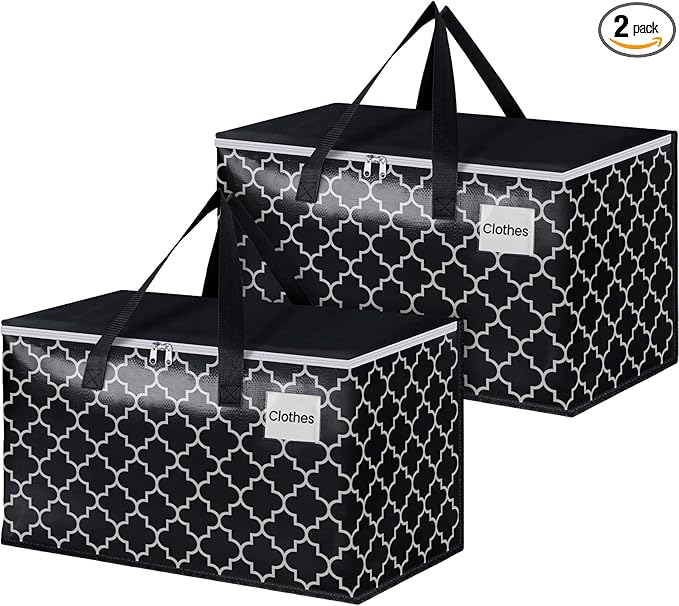 HomeHacks Heavy Duty Moving Bags with Tag Pockets, Collapsible Storage Totes for Moving, Camping & Travel -Foldable Packing Boxes, Zipper Handles, Black（2 Packs, 88L）