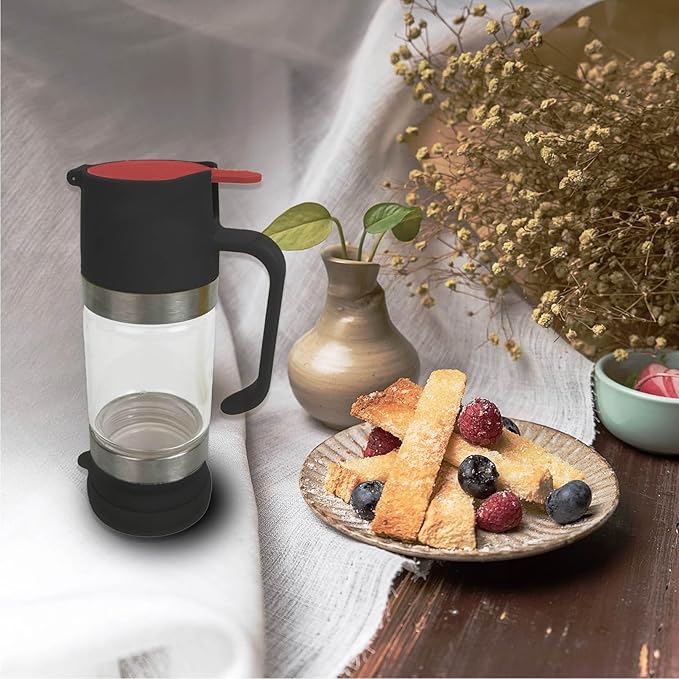 Glass Honey Dispenser, 9 OZ Honey Jar with Handle, No Drip Maple Syrup Dispenser (black)