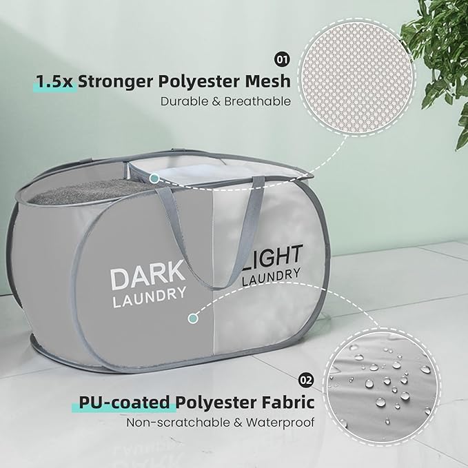 TECHMILLY Collapsible Laundry Basket Durable Pop Up Hamper with 2 Compartments for Sort and Storage, Portable Dirty Clothes Hamper for Dorm, Laundry Room or Travel (Grey + Begie)