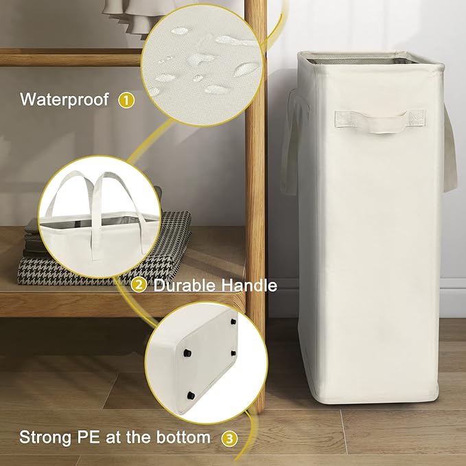 Chrislley 45L Slim Laundry Hamper Narrow Laundry Basket with Handle Foldable Dirty Clothes Portable Skinny Hamper Organizer Storage Bins (22 inches, beige)
