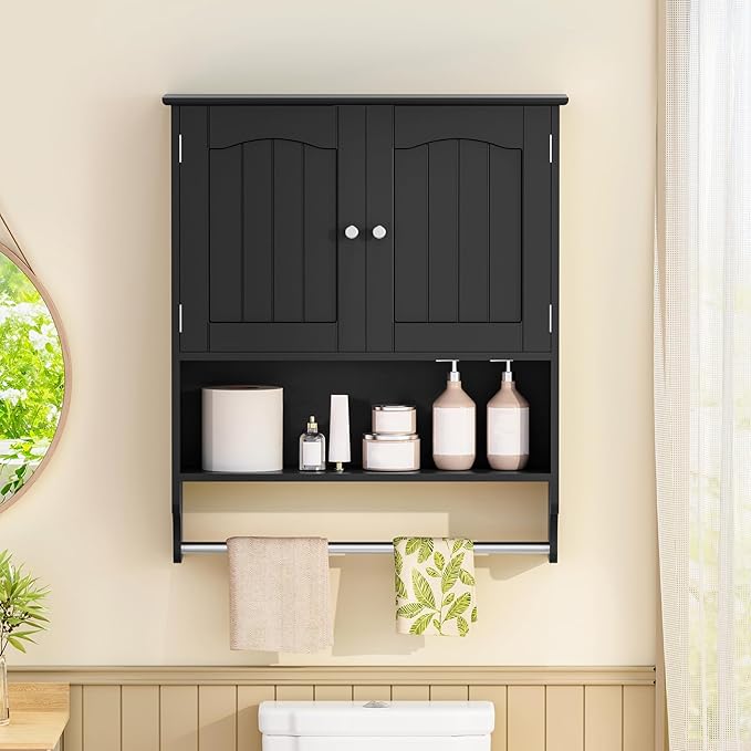 Iwell Bathroom Wall Cabinet with Adjustable Shelf & Doors, Over The Toilet Storage Cabinet, Medicine Cabinet for Bathroom, Laundry Room, Kitchen, Black