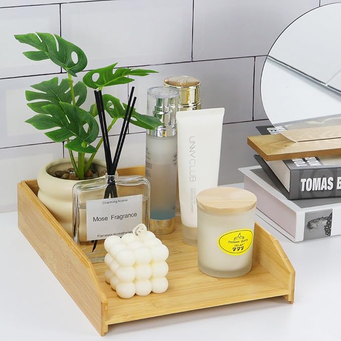 Multibey A4 Bamboo Stackable Paper Tray 2-Pack, 2-Tier Anti-Toppling Desk Organizer, Wooden Letter Document Magazine Tray Desktop File Folder Holder for Office & Home Supplies