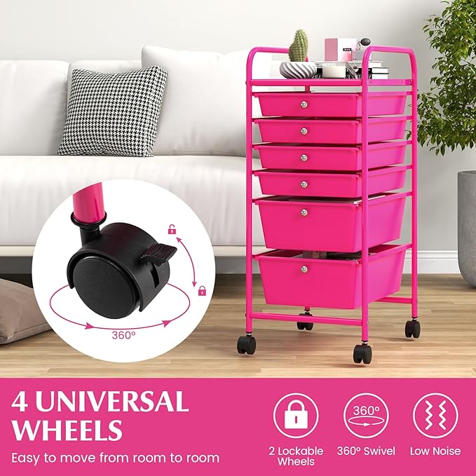 GOFLAME 6-Drawer Rolling Storage Cart, Multifunctional Art Craft Organizer, Mobile Utility Storage with Removable Drawers & Lockable Wheels, Craft Cart for Home Office, Hot Pink