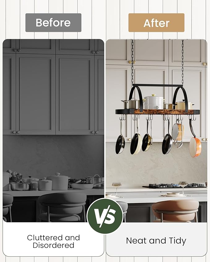Hanging Pot Rack, Pot Hanger for Kitchen, Ceiling Mounted Pot Holder, Cookware Organizer with 18 S-Shaped Hooks, for Pot, Pan Storage, Space-Saving, Rustic Brown and Black TPR18BF
