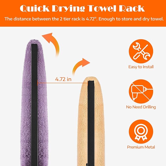 Freestanding Towel Racks 2 Tier Small Towel Holder Stand for Bathroom Matte Black Stainless Steel Industrial Towel Drying Rack for Hand Towels Blanket